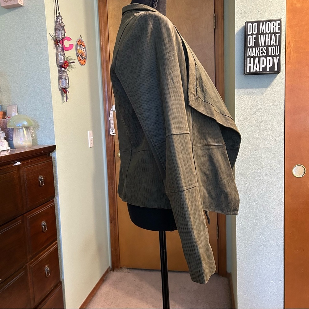 G.I.L.I open front drape cascading blazer jacket green leather size 12 fall - Picture 2 of 10